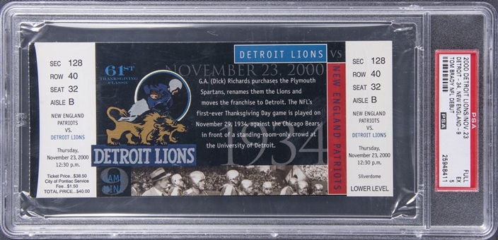 2000 Detroit Lions vs. New England Patriots Full Ticket Stub From Tom Bradys NFL Debut On 11/23/2000 - PSA EX 5